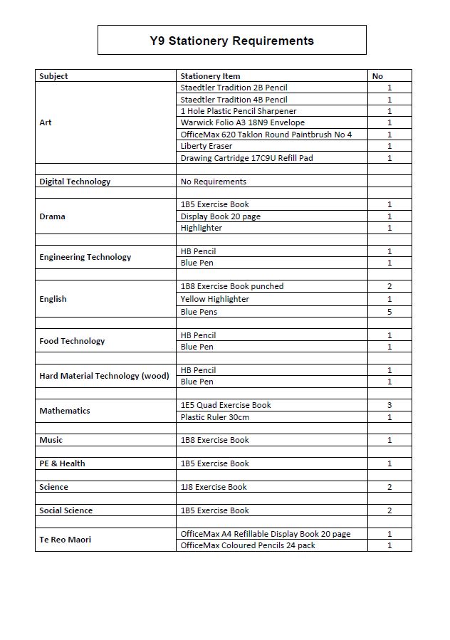 stationery-lists-otamatea-high-school